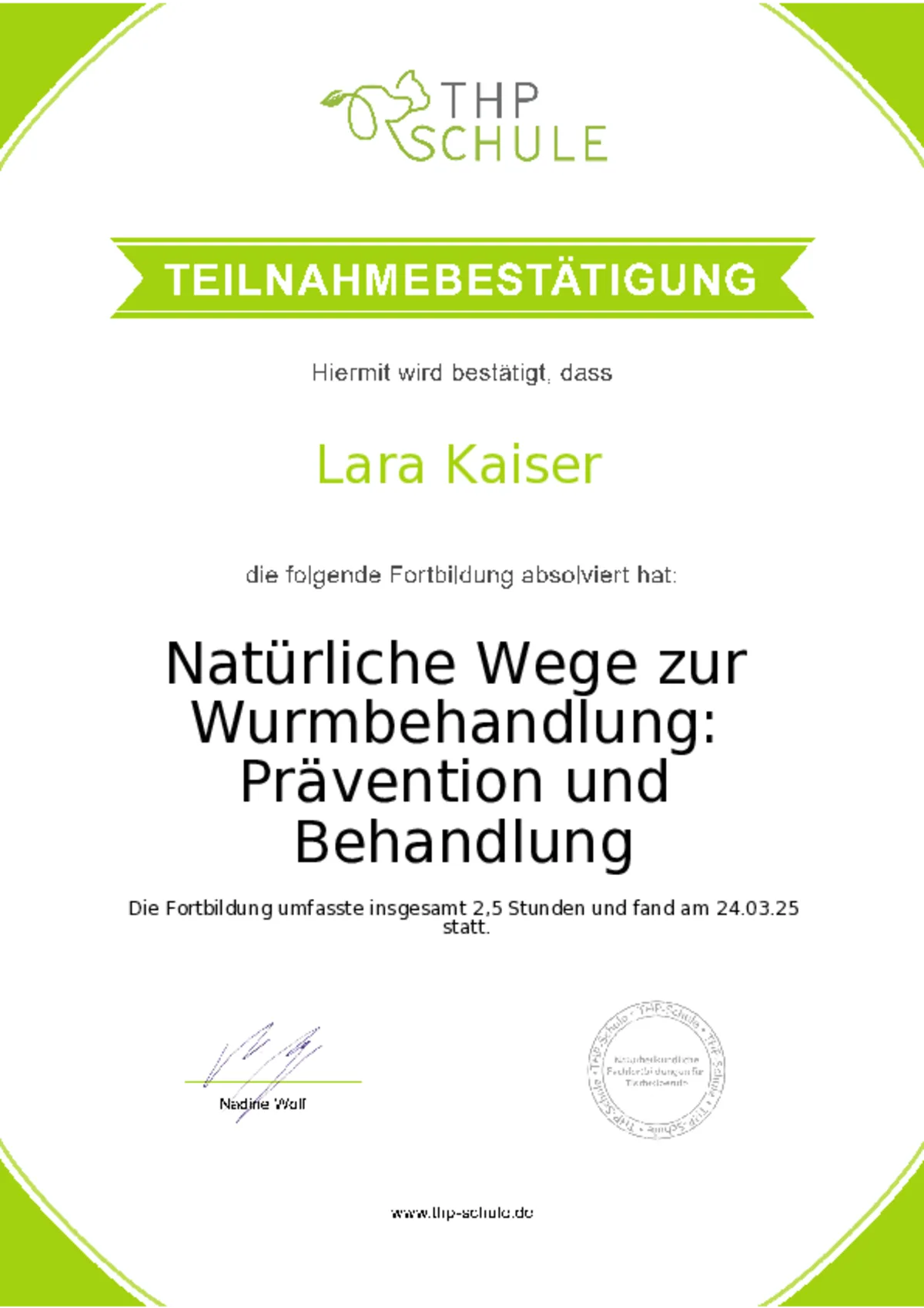 Fachzertifikat: Nat&uuml;rliche Wurmbehandlung